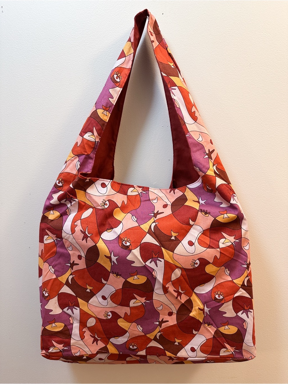 Handmade Red Burgundy Multicolor Retro Abstract Pattern Medium Size Tote Bag